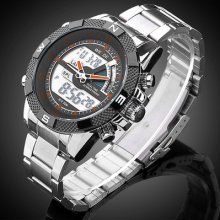 Men's Boy's Analog Led Display Steel Band Japan Quartz Sport Wrist Watch+box