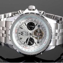 Mens Captain Quality Automatic Mechanical Chrono Silver Stainless Steel Watch