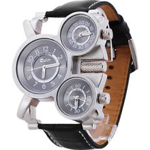 Men's Casual Leather Analog Quartz Wrist Watch Multiple Time Zone Black Mi539