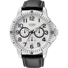 Mens Citizen Quartz White Dial Watch with Black Leather Band
