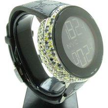 Mens Diamond Gucci Watch Round Cut Canary & Black Digital 2 6.00ct