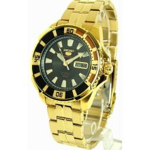 Men's Gold Tone Stainless Steel Seiko 5 Sports Automatic Black Dial Day and Date