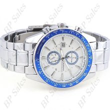 mens new Curren stainless steel quartz watch blue & white w/chrome finish