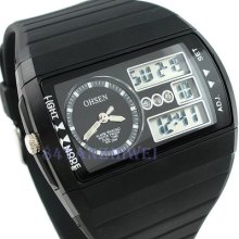 Mens Nice Ohsen Black Case Black Silicone Alarm Led Dual Movement Wrist Watch