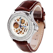 Men's PU Analog Mechanical Watch Wrist with Crystal Border (Brown)