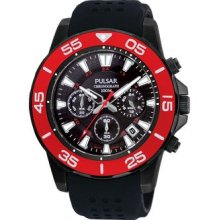 Mens Pulsar Black Stainless Steel Red Bezel Chronograph Watch