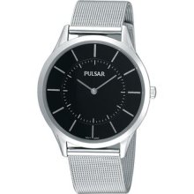 Mens Pulsar Stainless Steel Black Dial Mesh Watch