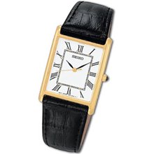 Men's Seiko Black Leather Strap Watch with White Dial (Model: SNF672)