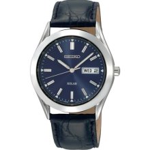 Men's Seiko Solar Quartz Sne049 Blue Dial Black Leather Day/date Watch