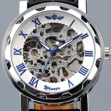 Mens Silver Steel Case Design Skeleton Dial Mechanical Leather Band Wristwatch