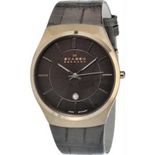 Men's Stainless Steel Case Leather Bracelet Brown Dial Date Display