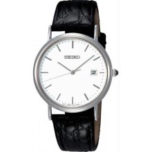 Men's Stainless Steel Dress Black Leather Strap White Dial