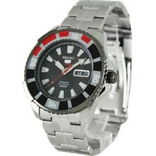 Men's Stainless Steel Seiko 5 Sports Automatic Black Dial Day Date Red