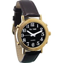 Mens Tel Time Gold Colored Talking Watch with Black Dial Leather Band