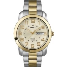 Mens Timex Indiglo Two Tone Stainless Bracelet Day And Date Watch T2n439