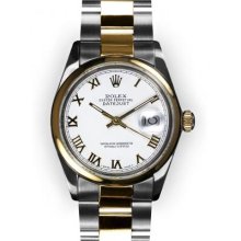 Men's Two Tone Oyster White Roman Dial Smooth Bezel Rolex Datejust
