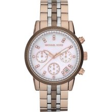 Michael Kors 37mm Ritz Women Watch Mk5642 Tri-tone Brown Rose Silver Chrono