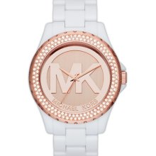 Michael Kors 'Madison' Crystal Bezel Logo Watch, 42mm White/ Rose Gold