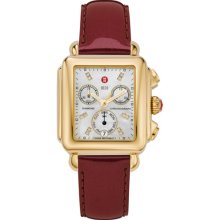 MICHELE Signature Deco Gold-Plated Diamond Dial Scarlet Patent Leather