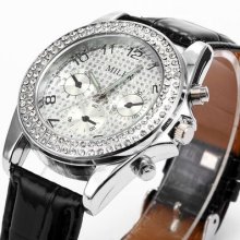 Miler Casual Leather Band Lady Women Crystal Analog Quartz Wrist Watch Bracelet