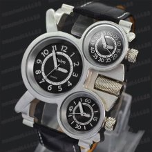 Military Army Black Leather Quartz Hours Men Wrist Watch Three Time Display