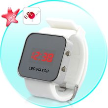 Mirror LED Watch with Digital Display and Rubber Strap (White)