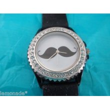 Mustache Wristwatch W/ Rhinestones All Around / Black & Silver W White Face