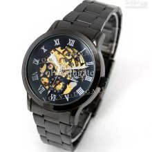 New Automatical Metal Black Mechanical Skeleton Business Mens Wrist