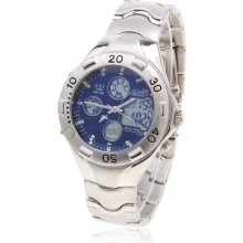 new mens JCKY digital/analog stainless steel chrome watch w/ blue face