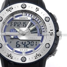 Ohsen Mens Dual Time Date Day Lcd Alarm Stopwatch Sport Quartz Watch Rubber Band