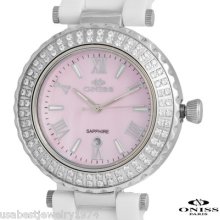 Oniss Ceramic Swiss Mov't Watch White Austrian Crystals Pink Dial Date $890