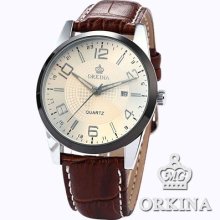 Orkina Black Bezel Brown Leather Date Analog Men Sport Quartz Watch Dailyetrade