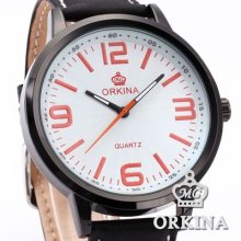 Orkina Mens Genuine Casual Sport Quartz Analog Boy Black Leather Wrist Watch