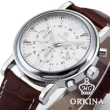Orkina Mens Luxury Stainless Steel Case White Dial Leather Sport Quartz Watch