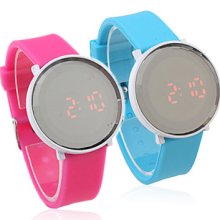 Pair of Jelly Sports Crystal Style Round Mirror Face Red LED Wrist Watch - Light Blue & Peach Red