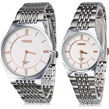 Pair of Steel Analog Couple's Quartz Watches (Silver)