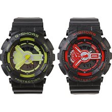 Pair of Waterproof Sporty Movement Double Digital Stop Watches with Night Light - Green & Red