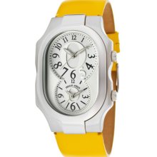 Philip Stein Watches Women's Dual Time White & Silver Dial Yellow Genu