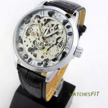 Popular Hot Transparent Skeleton Mechanical Automatic Black Strap Wrist Watch
