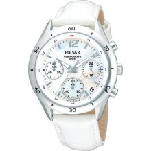 Pulsar Ladies Chronograph Mop Dial White Leather Watch Pt3085