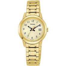 Pulsar Ladies Gold Tone Stainless Steel Champagne Dial Dress Watch with Expansion Bracelet PH7030