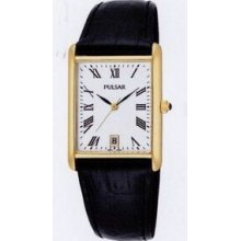 Pulsar Men`s Black Leather Strap Dress Watch W/ Goldtone Case & White Dial