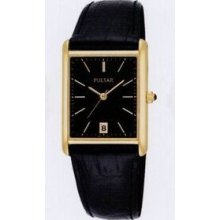 Pulsar Men`s Black Leather Strap Dress Watch W/ Goldtone Case