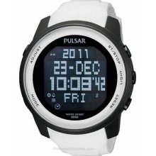 Pulsar Mens World Time Alarm Chronograph Stainless Watch - White Rubber Strap - Black Dial - PQ2015