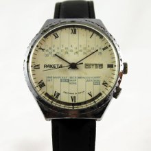RAKETA Rare Vintage men's watch Perpetual Calendar Amazing White Dial made in USSR (req46406)