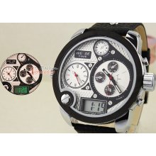 Rare Mens Black White Multi-function Led Analog Date Big Sports Watch Hq