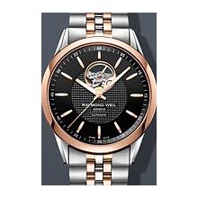 Raymond Weil Freelancer Open Balance Wheel Rose Tone 42mm Watch - Black Dial, Two Tone Bracelet 2710-SP5-20021 Sale Authentic