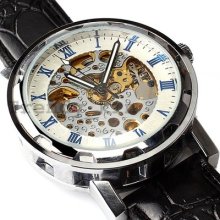 Real Leather Strap Skeleton Roman Dial Manual Semi-automatic Mens Wrist Watch