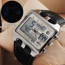Rectangle Case Dual Time Fashion Wristwatch Mens Sporty Style Quartz Power Gift
