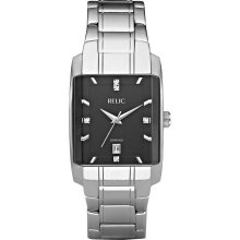 Relic Men's Calendar Date Watch w/Rectangle Silvertone Case, Black Dial and ST Expansion Band